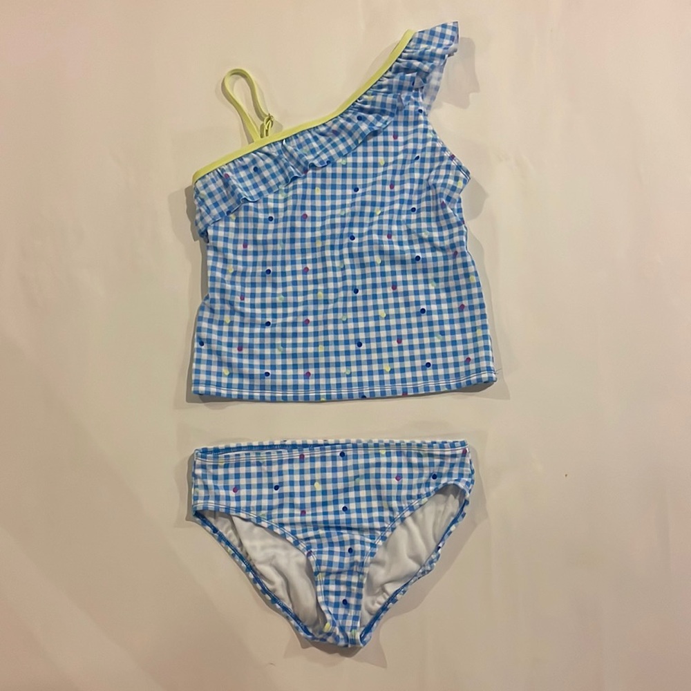 Blue gingham girls ruffle one shoulder tankini with multi colored polka dots🌊